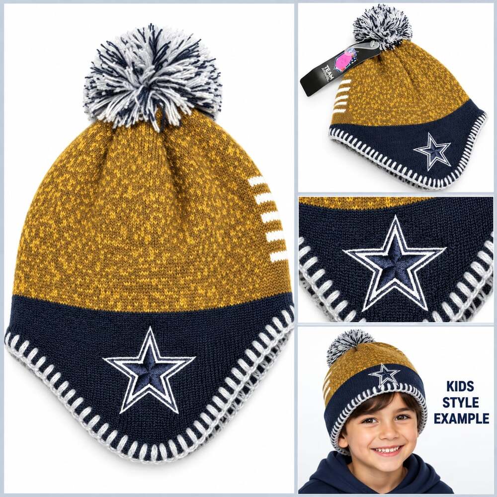 Kids’ Dallas Cowboys Star Pom Beanie Gold & Navy NWT